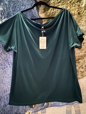 Women's Dark Teal Short-Sleeve Draped Neck, Swooped Shoulder Type Top